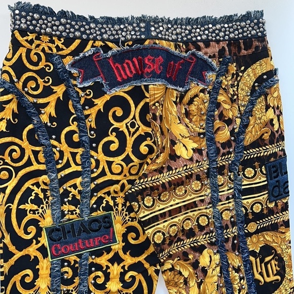 Versace Chaos Couture Studded Archival Print Denim Fringe Jeans Size 44​​​ - Picture 6 of 16